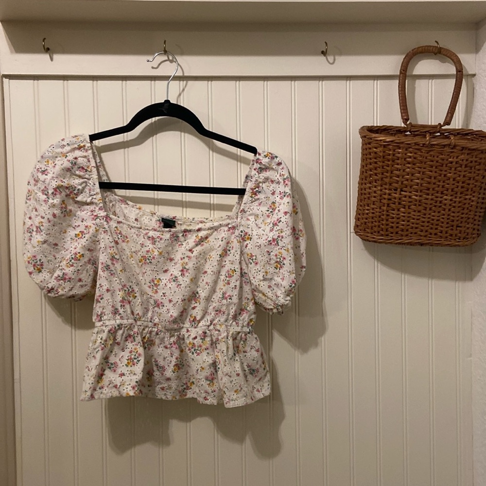 Wild Fable Floral Puff Sleeve Pointelle Crop Top Size Medium
